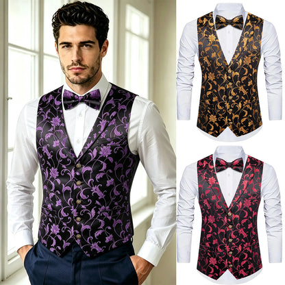 Schwarze Herrenweste mit violettem Ornamentmuster und Fliege am Hemdkragen