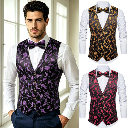 Schwarze Herrenweste mit violettem Ornamentmuster und Fliege am Hemdkragen