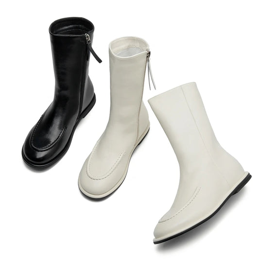 AIYUQI Damen-Ankle Boots aus Leder, schwarz und beige, mit Fellbesatz am Schaft