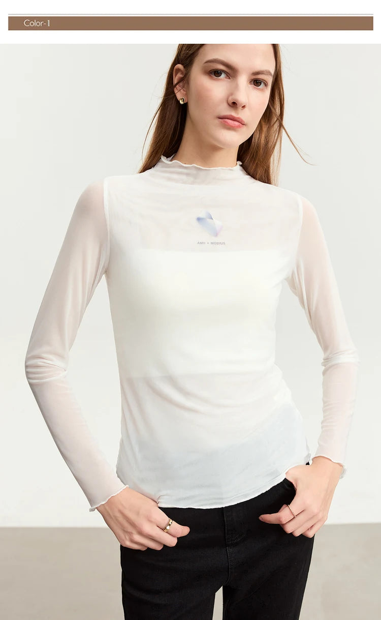 Damen T-Shirt aus gedrucktem Mesh mit slim-fit Halb Stehkragen