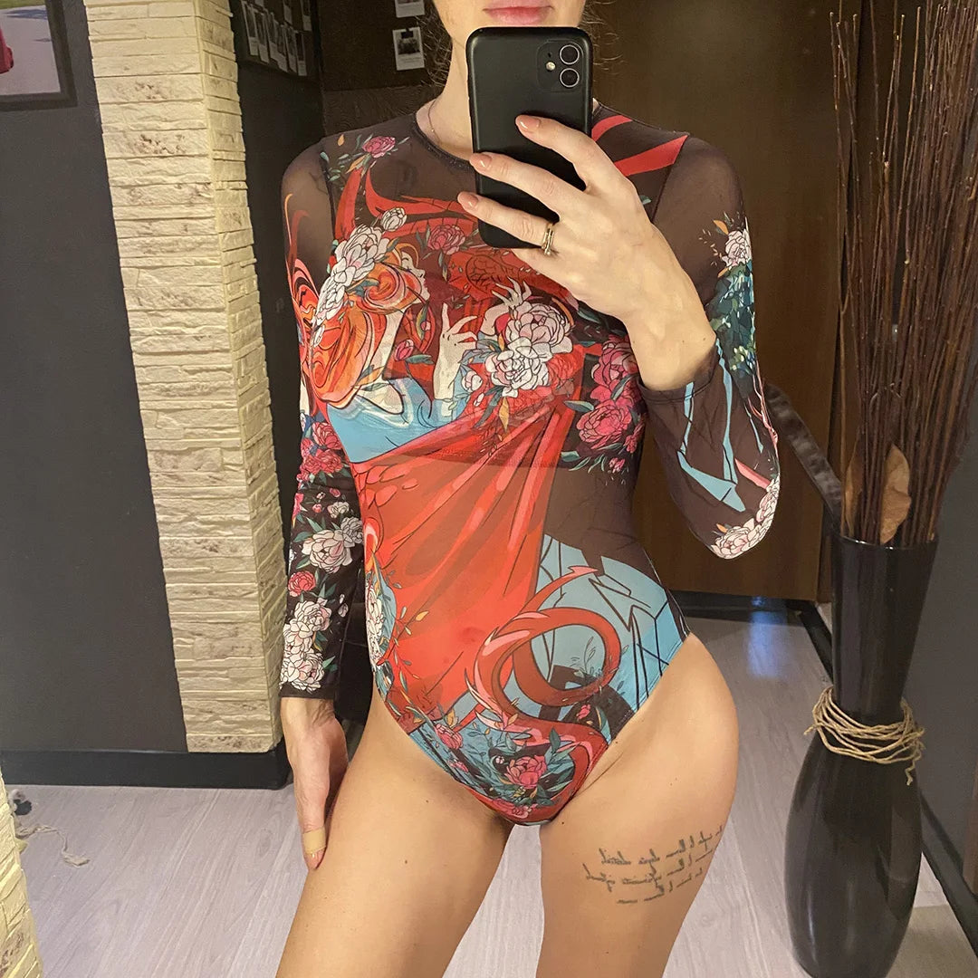 Damen-Badeanzug Blumen Langarm Sarong einteilig gepolstert