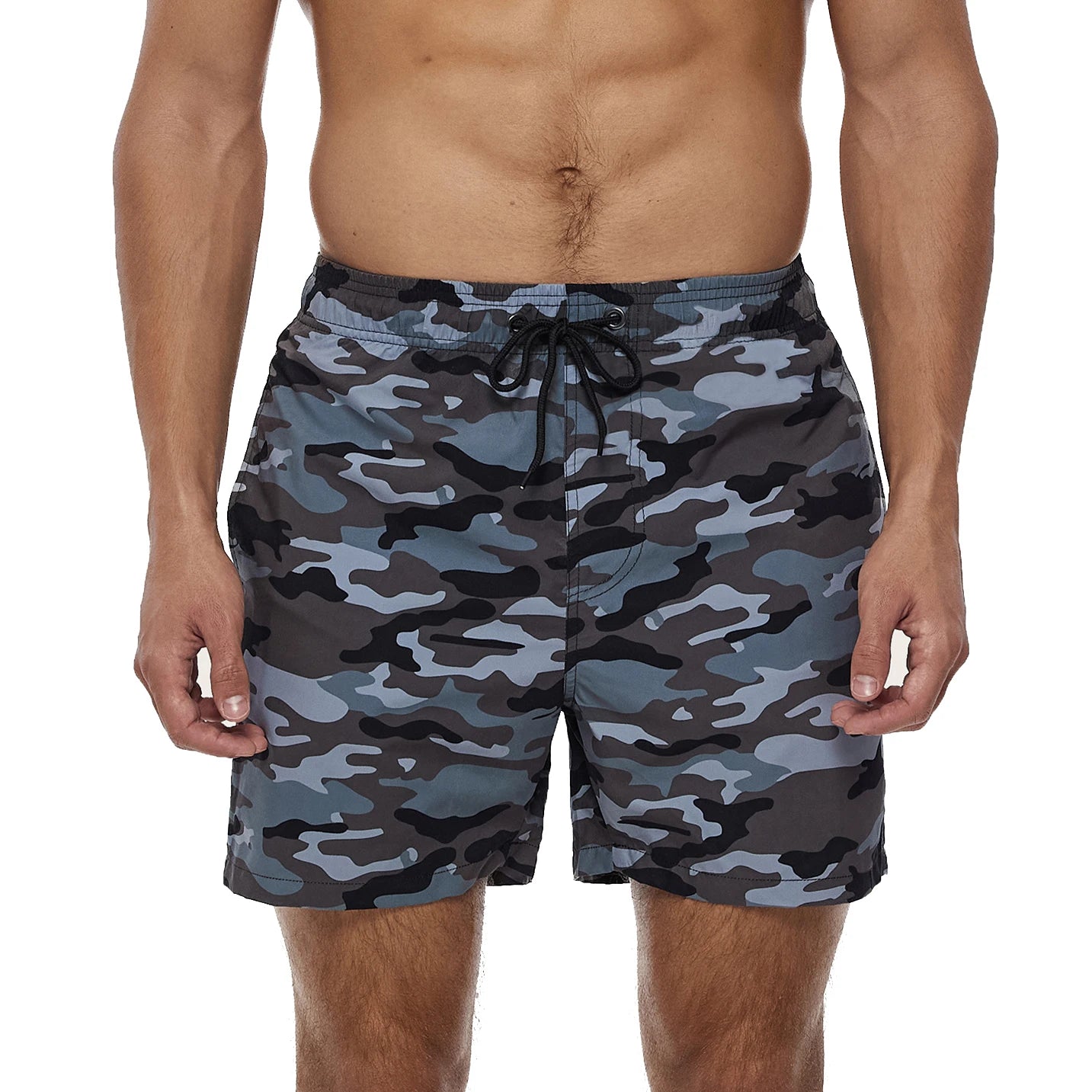Kurze Herren-Polyester-Shorts Camouflage grau-blau mit Kordelzug und elastischem Bund