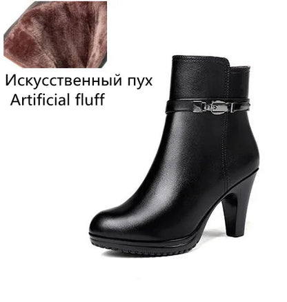 Damen-Ankleboots aus schwarzem Leder mit Absatz und Schnallenriemen, Winterfutter