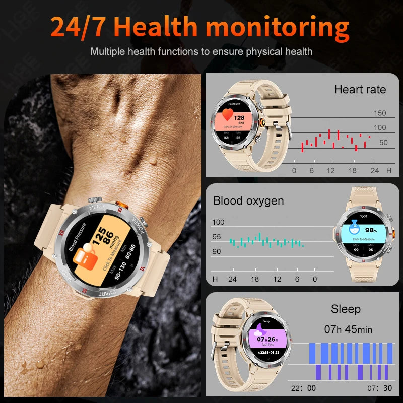 LIGE 1,46 "LED Taschenlampe Smart Uhr Männer 100 + Sport Fitness Tracker Gesundheit Monitor Bluetooth Anruf Smartwatch Für Android IOS
