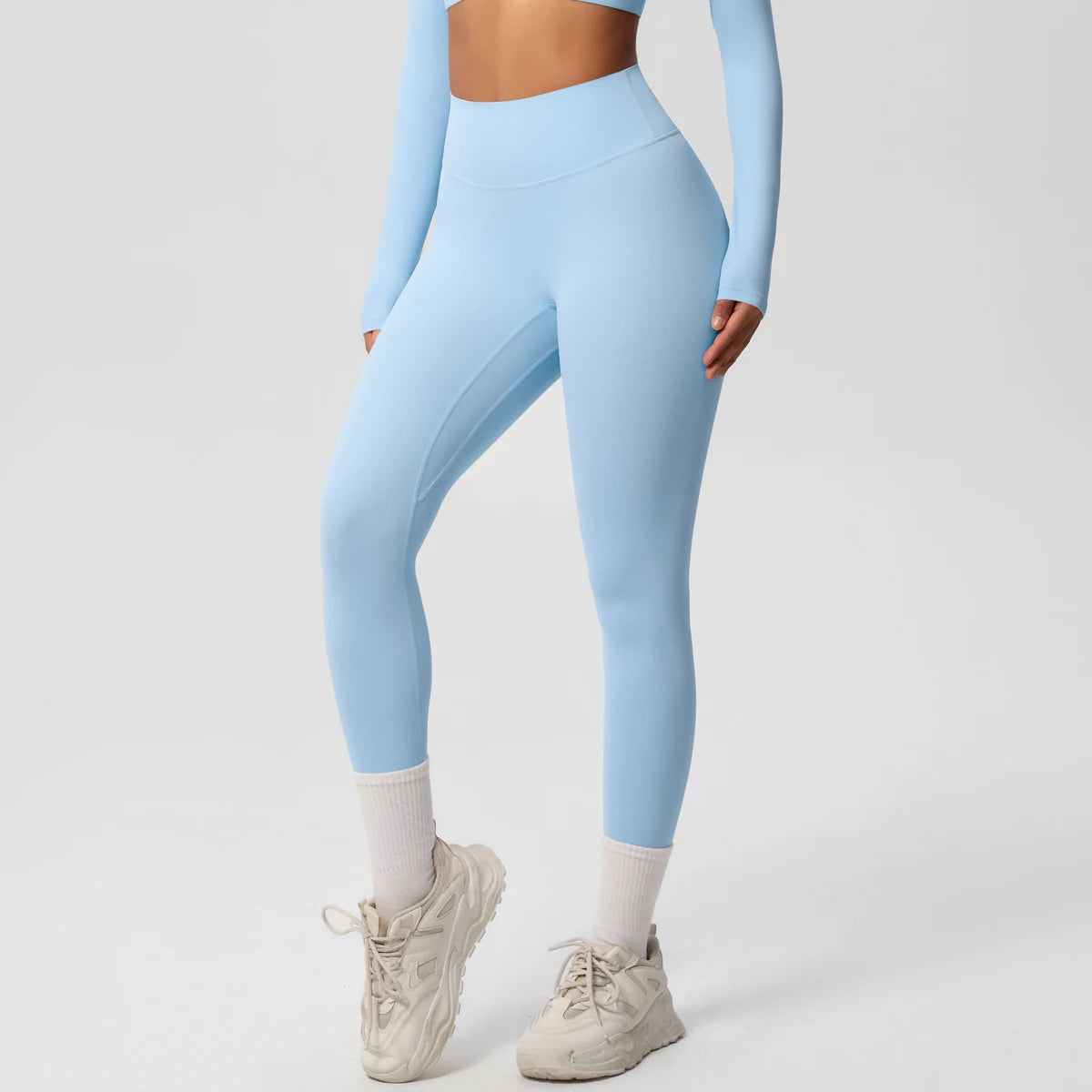 Damen-Yoga-Leggings in Hellblau mit hoher Taille und elastischem Bund am Knöchel