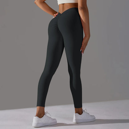 Yoga-Leggings mit hoher Taille, schwarz, figurbetont, lang.