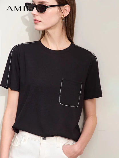 Damen Sommer-T-Shirts im minimalistischen Stil mit O-Ausschnitt und kurzen Ärmeln