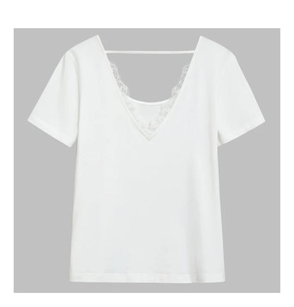 Damen T-Shirt aus mercerisierter Baumwolle mit V-Ausschnitt und Spitzen-Detail