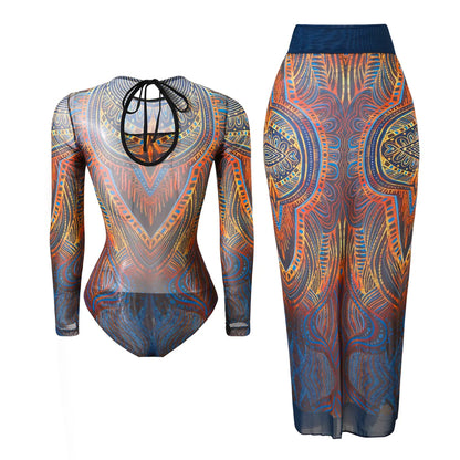 Damen-Badeanzug Blumen Langarm Sarong einteilig gepolstert