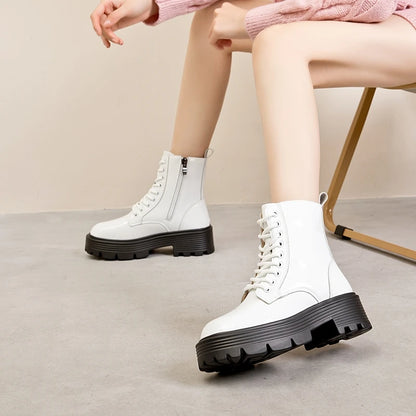 Weiße Damen-Knöchelstiefeletten, Schnürsenkel mit Zipper, hoher Plateauabsatz