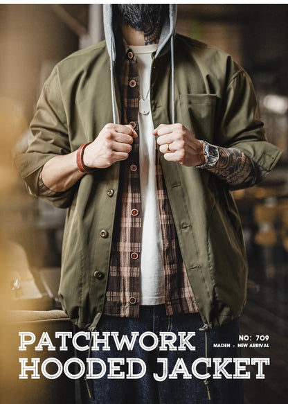 Herren Kapuzenjacke Vintage Patchwork Lässige Oberbekleidung Herbst Chore-Mantel Tasche