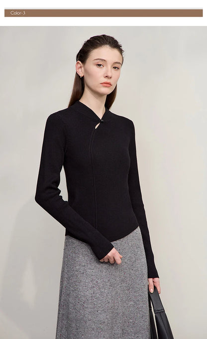 Schwarzer Damenpullover mit Cheongsam-Kragen, langärmlig, schmal geschnitten, Reißverschluss-Optik