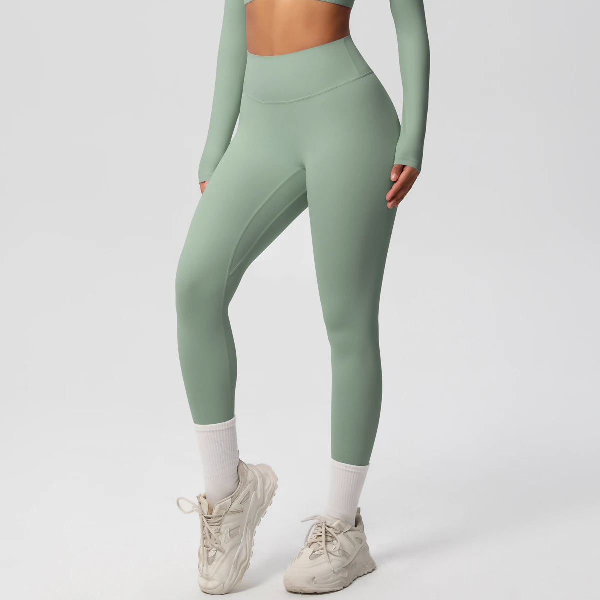 Damen-Yoga-Leggings, sagegrün, hochbund, eng anliegend
