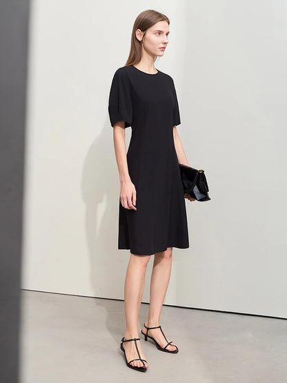 Elegant Damen Chiffon Kleid Midi O-Ausschnitt Laternenärmel Reißverschluss