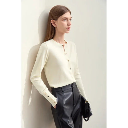 Damen-Strickjacke Rundhals Wolle Metallknopf französisch Büro Frühling