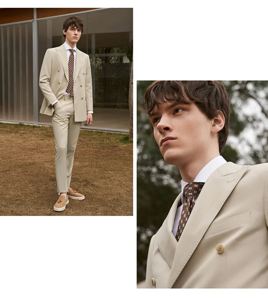 Eleganter Herrenanzug aus 30% Wolle: Zweireihiger Slim Fit in Beige-Khaki für Hochzeiten