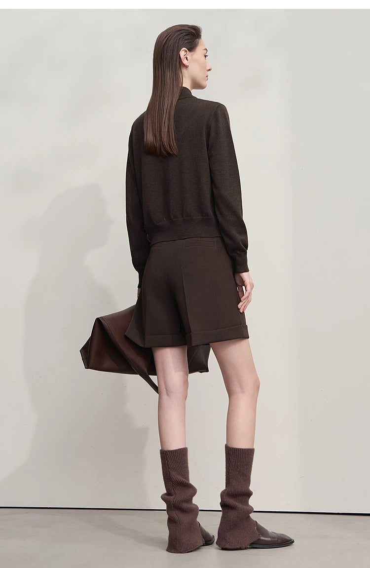 Damen-Rollkragen-Strickjacke kurz Reißverschluss Wolle Herbst-Winter