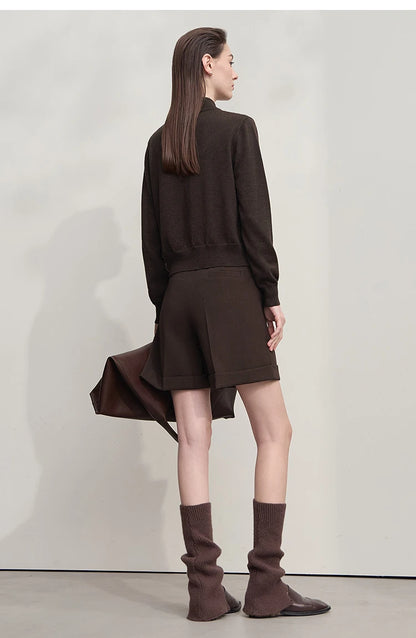 Damen-Rollkragen-Strickjacke kurz Reißverschluss Wolle Herbst-Winter