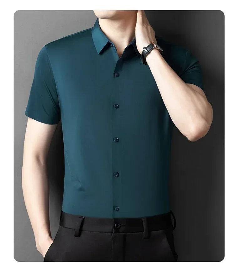 Herren-Hemd mit Vier-Wege-Stretch, Farbblock-Diamantmuster und Knopfleiste – ideal für Business-Casual und formelle Anlässe.