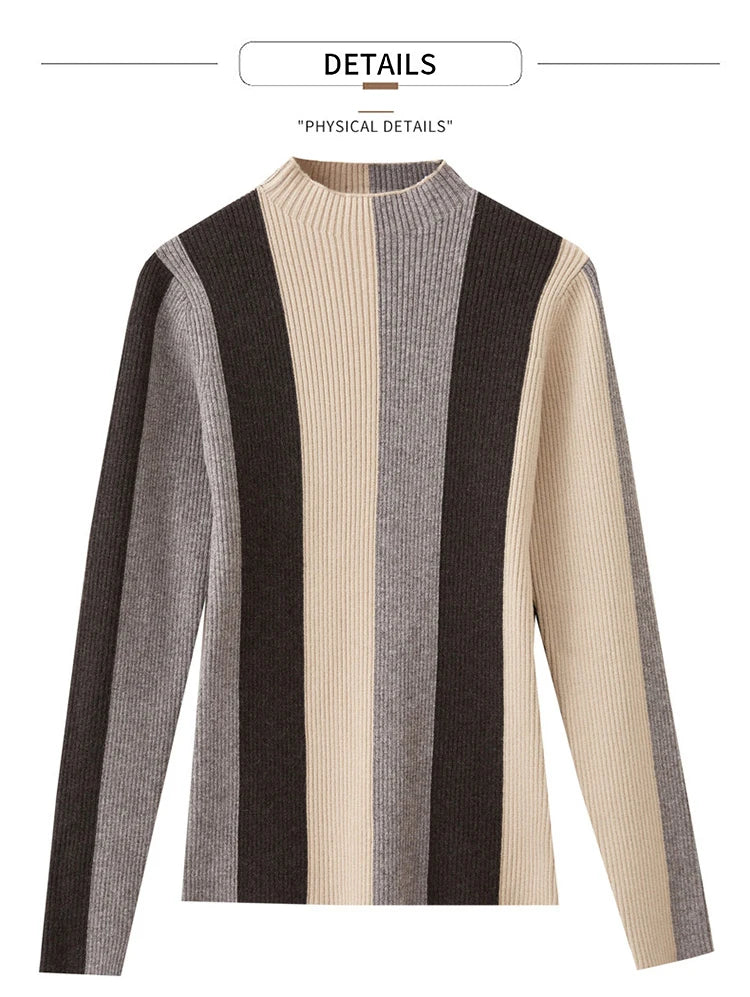 Damen-Rollkragenpullover Slim Patchwork Streifen Viskose Winter