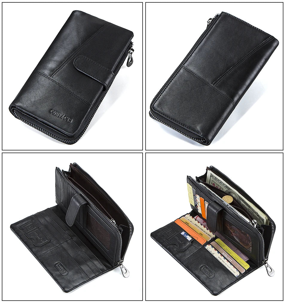 Herren Echtleder Lange Geldbörse Vintage Bifold Reißverschluss Kartenhalter Geldclip