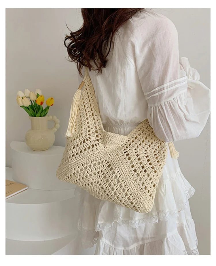 Damen Tote Bag Beach Woven Travel Shoulder Crossbody Purse