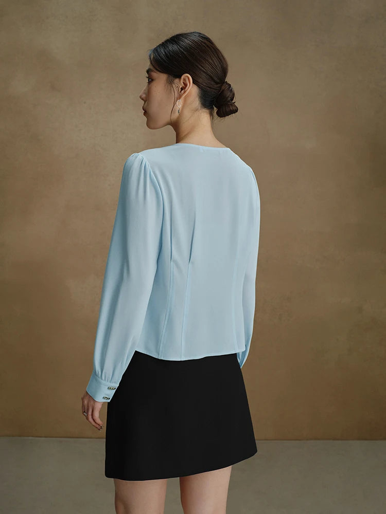 Elegante Damenbluse mit V-Ausschnitt – Schlanke Passform in Gelb oder Blau für stilvolle Herbst-Looks