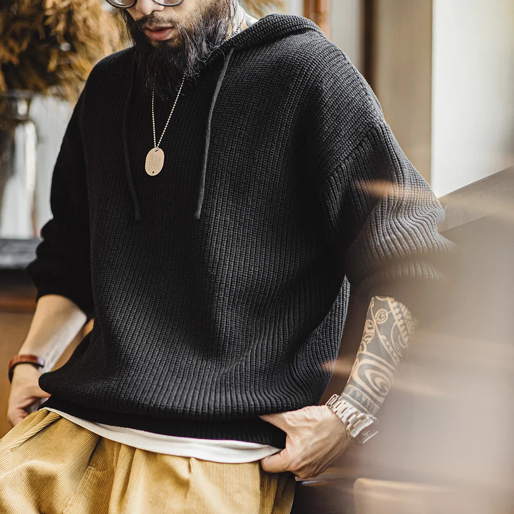 Herren Pullover aus Strick mit Henley-Kragen und Kapuze für Herbst und Winter