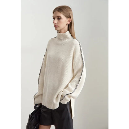 Damen-Rollkragenpullover Wolle Stickerei locker Weihnachten Winter