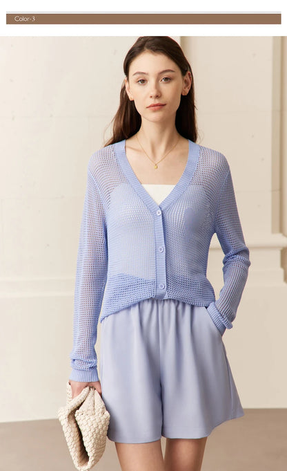 Damen-Strickjacke V-Ausschnitt Viskose locker elegant Frühling