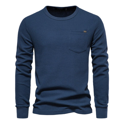 Herren-T-Shirt aus Waffel-Baumwolle mit langen Ärmeln – einfarbiges Einzeltaschen-Design, atmungsaktives Herbst-Basic-Oberteil für lässige Outfits