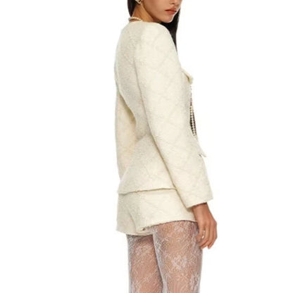Damen-Blazer mit Rüschen und Patchwork-Design, langärmelig und mit Reverskragen – ideal für den Alltag