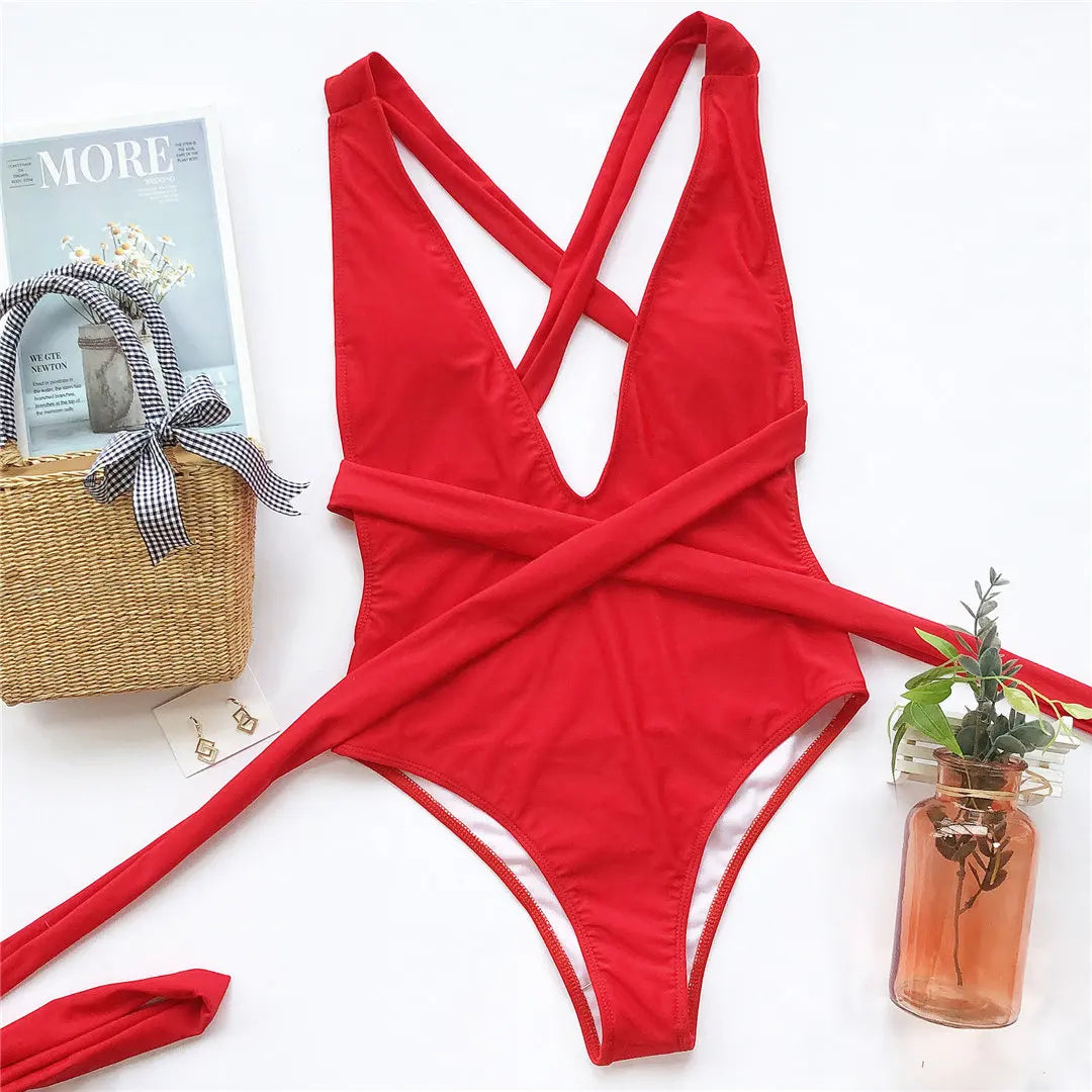 Damen-Badeanzug tiefer V-Ausschnitt Wickel Verband rückenfrei Monokini