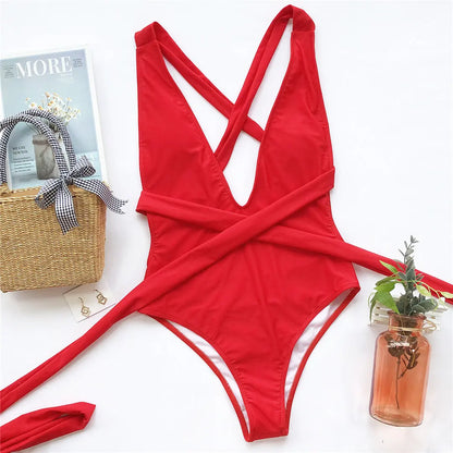 Damen-Badeanzug tiefer V-Ausschnitt Wickel Verband rückenfrei Monokini