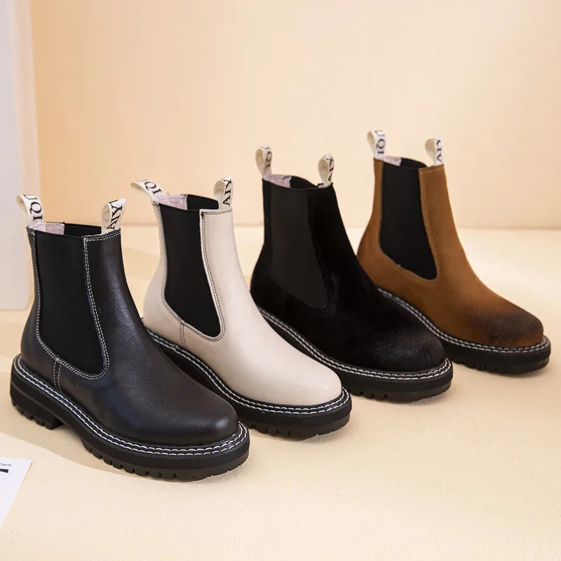 Women's Chelsea Boots Genuine Leather 2025 Autumn Winter Trend Thick-soled Women Ankle Boots All-match Marton Boots Ladies