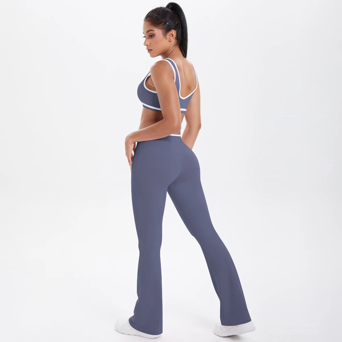 Yoga-Set mit Sport-BH und Leggings, hoher Bund, dunkelblau-grau, seitliche Ansicht