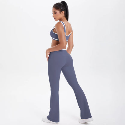 Yoga-Set mit Sport-BH und Leggings, hoher Bund, dunkelblau-grau, seitliche Ansicht