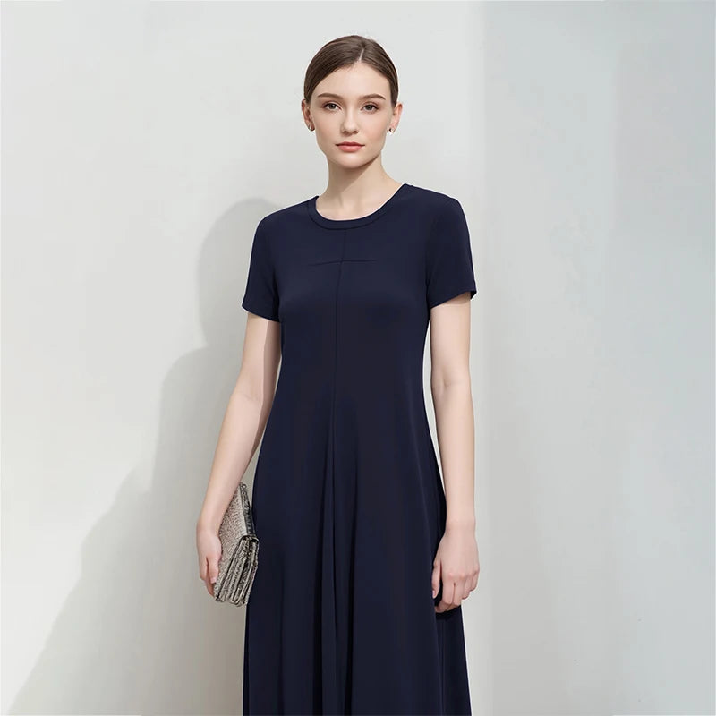 Damen-Sommerkleid mit O-Ausschnitt, kurzarm, dunkelblaues Midi, schwingender Schnitt
