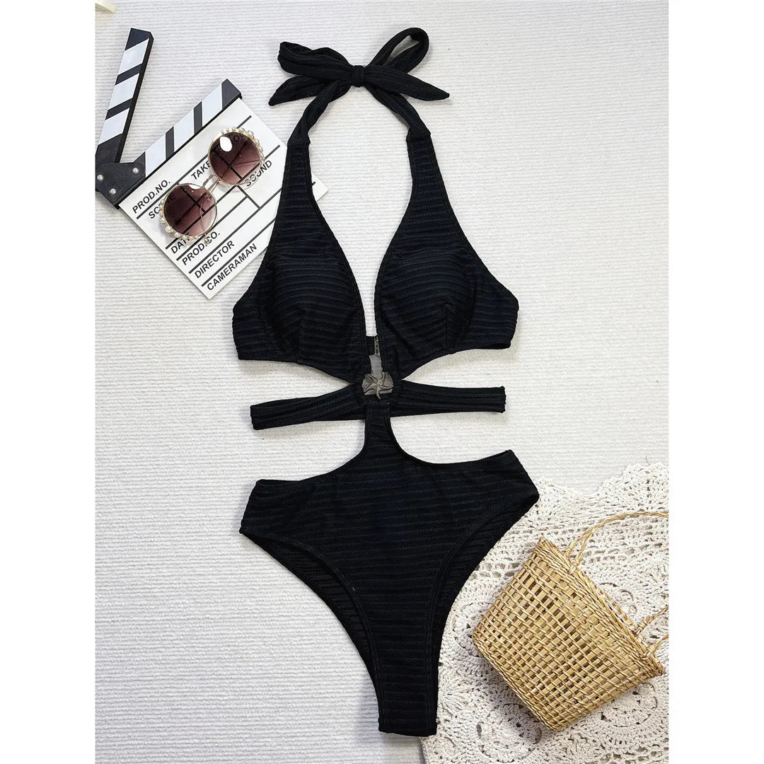 Damen Badeanzug V-Ausschnitt Cut-Out Neckholder gerippt hoher Beinausschnitt gepolstert