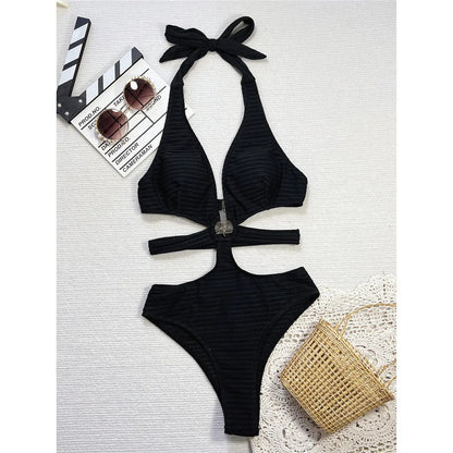 Damen Badeanzug V-Ausschnitt Cut-Out Neckholder gerippt hoher Beinausschnitt gepolstert