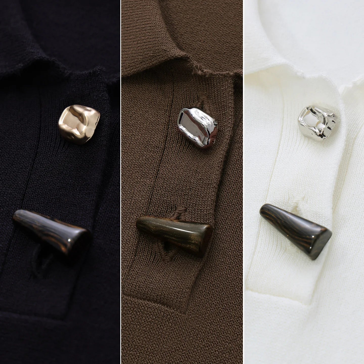 Metallknöpfe an einem Strick-Poloshirt, in silberfarbenem und dunkelbraunem Finish