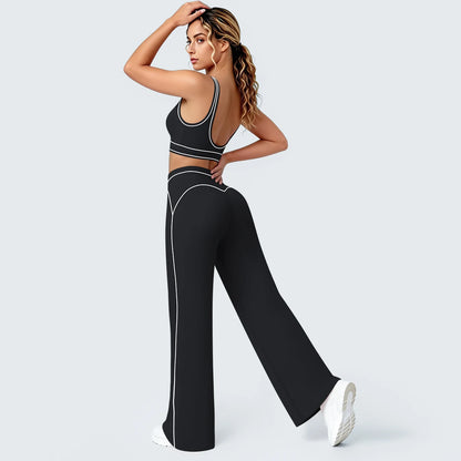 Damen-Yoga-Set mit Sport-BH und weiter Hose, schwarz mit hellen Kontrastnähten
