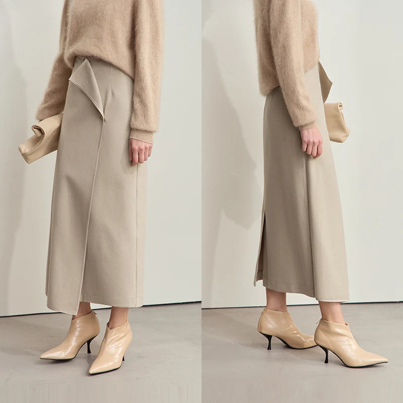 Damen-Wollrock khaki mit hohem Bund und Schlitz, schräger Saum, zwei Seitenansichten