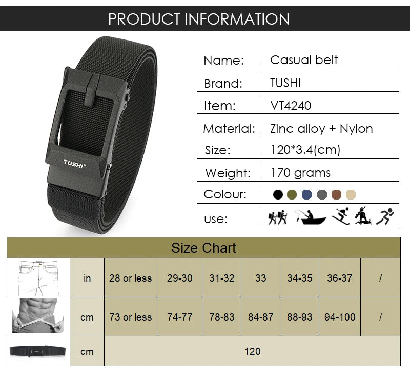 Herren-Gürtel Verstellbar aus elastischem Nylon mit automatischer Metall-Schnalle Breite 3,4 cm