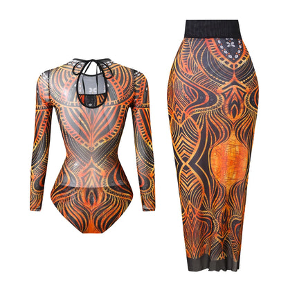 Damen-Badeanzug Blumen Langarm Sarong einteilig gepolstert