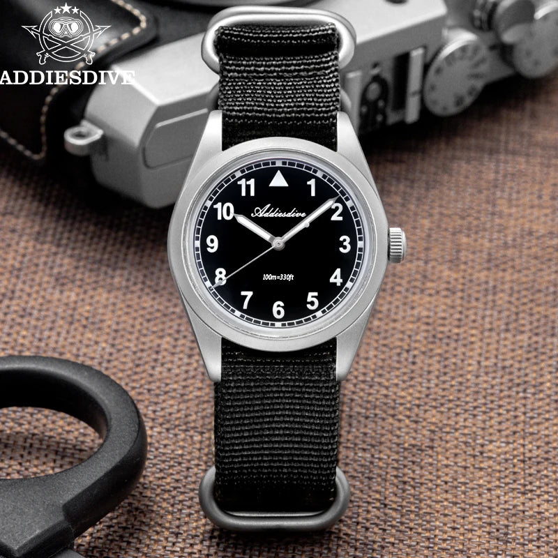 Herren Retro-Quarzuhr 36mm K1 Mineralglas Edelstahl 100m Nachtleuchtzeiger Nylon