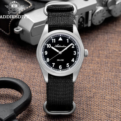 Herren Retro-Quarzuhr 36mm K1 Mineralglas Edelstahl 100m Nachtleuchtzeiger Nylon