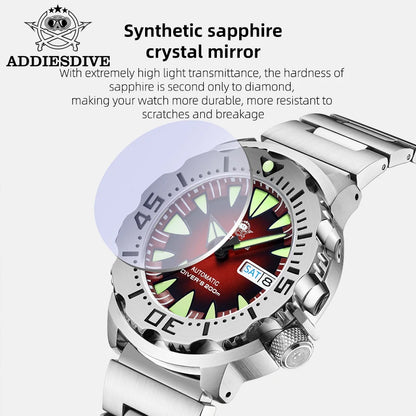 ADDIESDIVE AD2103 Men Monster Watch Luminous Sapphire Glass Blue Dial NH36 Diver 316L Stainless Steel Mechanical Watches