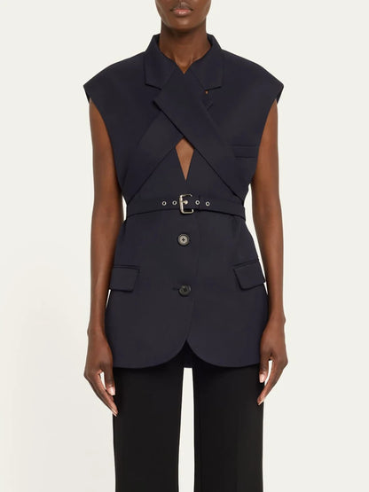 Elegantes ärmelloses Minikleid mit Rundhalsausschnitt und Pailletten-Patchwork für Damen – figurbetont und mit Schleifendetail.