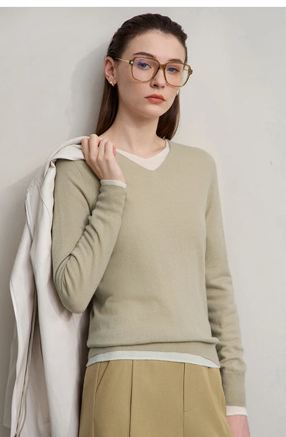 Damen V-Ausschnitt Pullover 100 % Wolle vielseitig Langarm Herbst